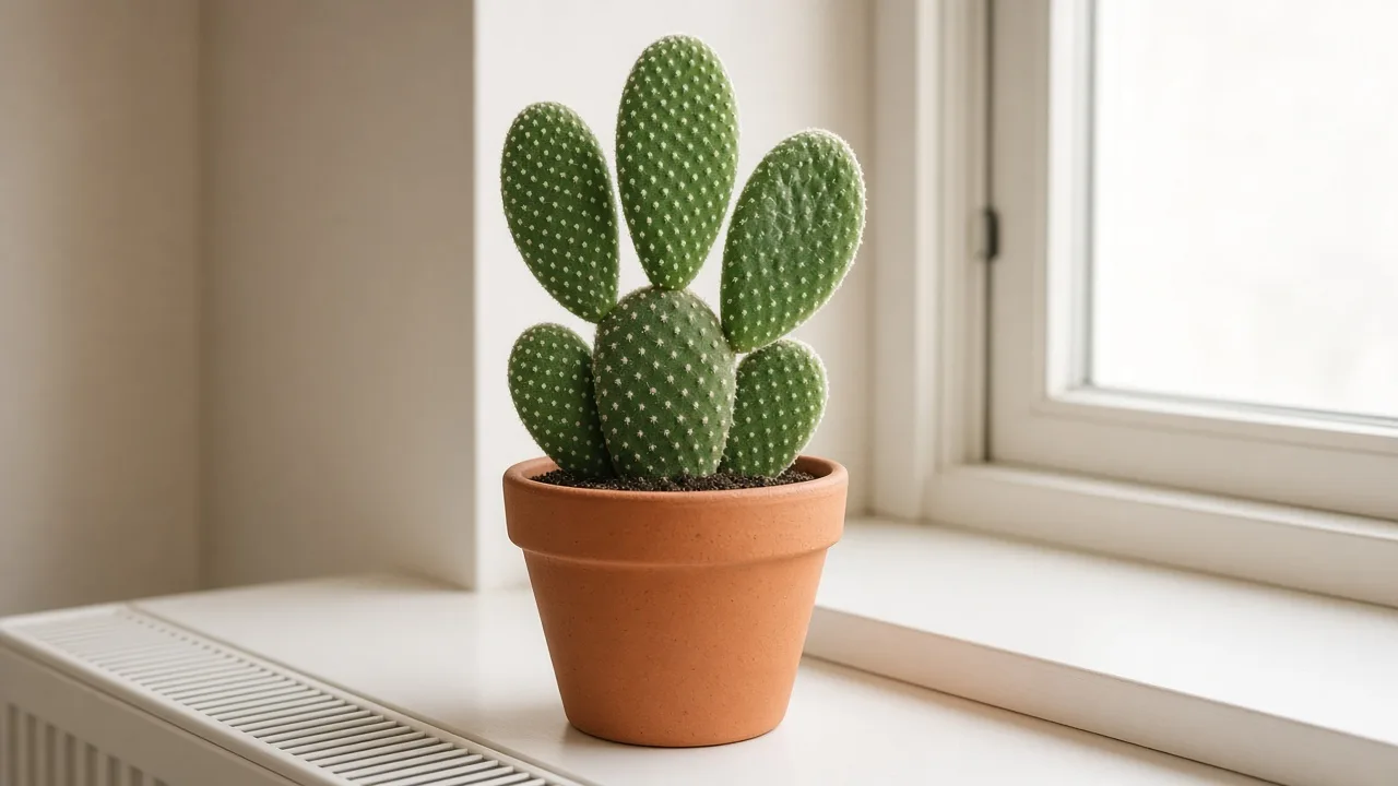 Low humidity on bunny ear cactus - slightly dull paired pads on Opuntia microdasys beside a sunny windowsill