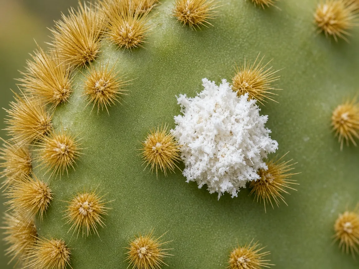 Close-up of white cottony mealybug wax nestled in bunny ear cactus pad areoles between glochid clusters