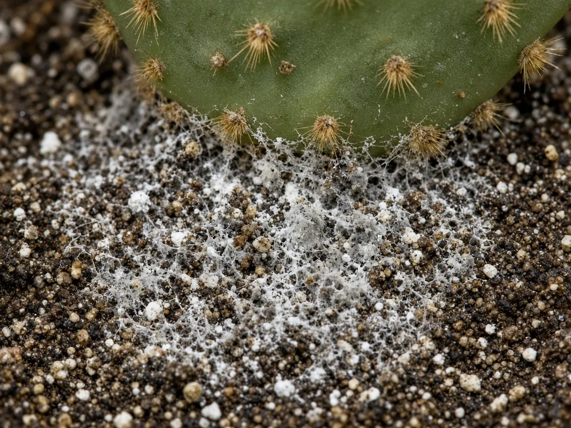 Close-up of mold on soil on Bunny Ear Cactus - white fuzzy threads on damp cactus mix at the pad base