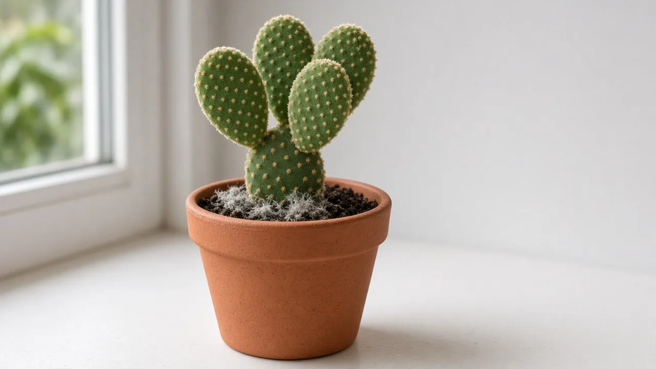 Mold on soil on Bunny Ear Cactus - white fuzzy growth on potting mix at the base of paired green pads
