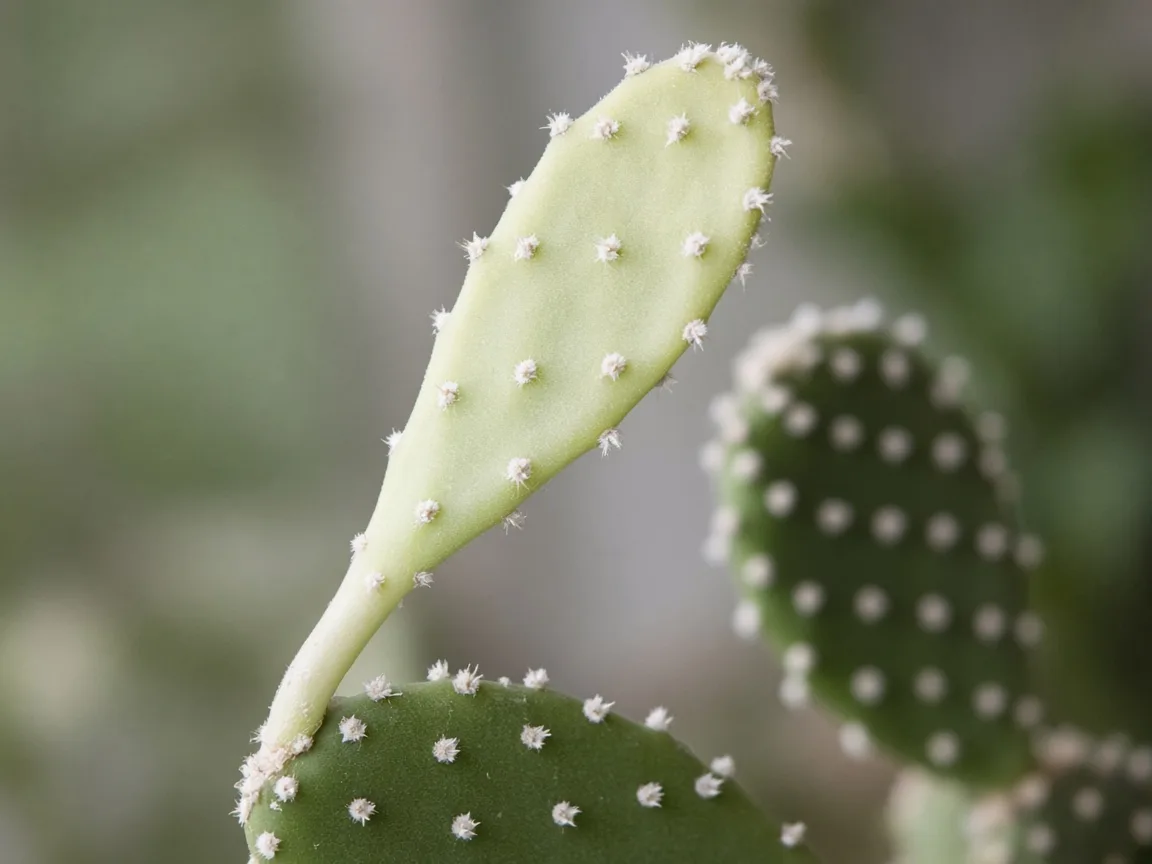 Close-up of thin pale bunny ear pads with wide spacing between glochid clusters