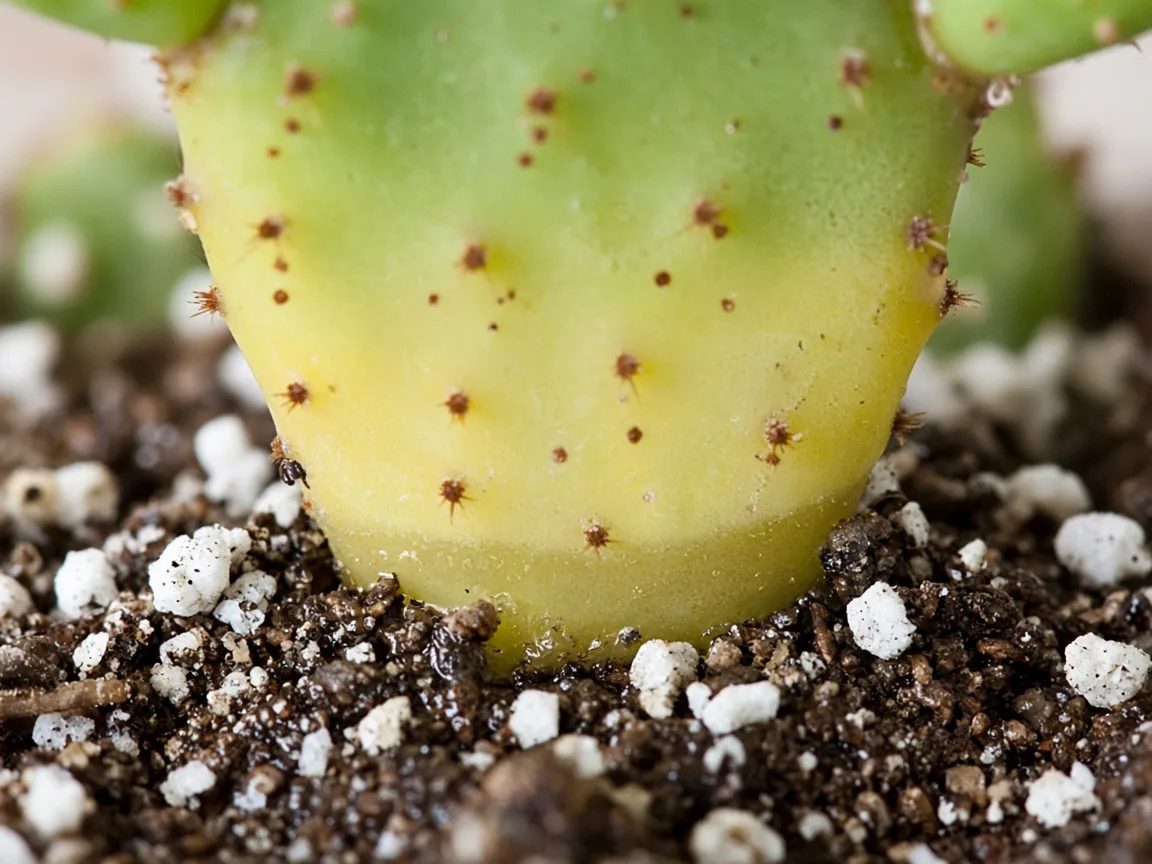 Close-up of soft yellow lower pads and damp mix at the soil line on Bunny Ear Cactus