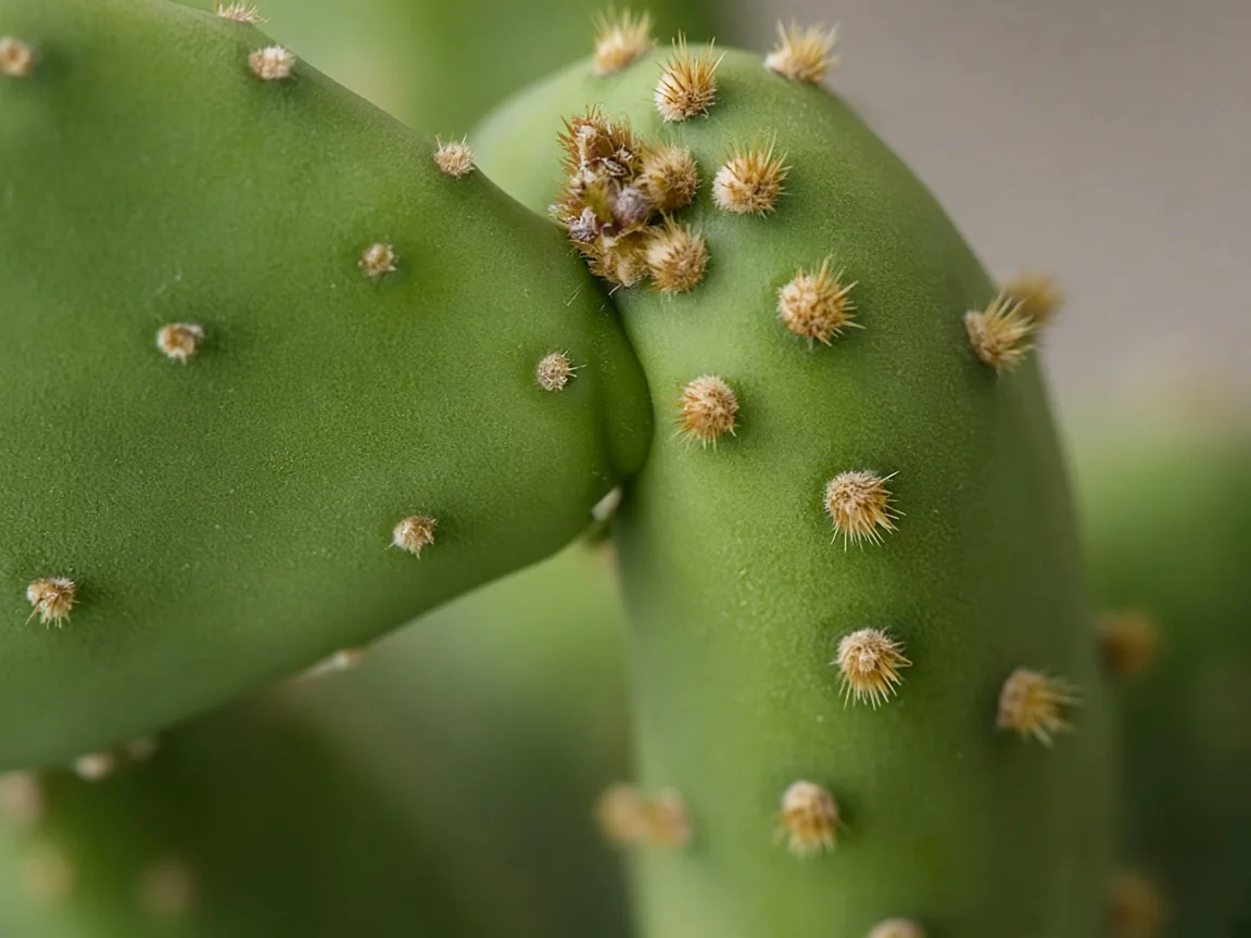 Close-up of bunny ear cactus pad junction with glochids and no fresh paired pad buds
