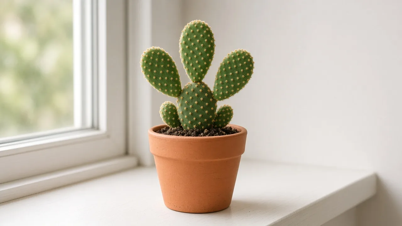 Slow growth on Bunny Ear Cactus - compact Opuntia microdasys in terracotta on a sunny sill with few pads and no new paired clusters