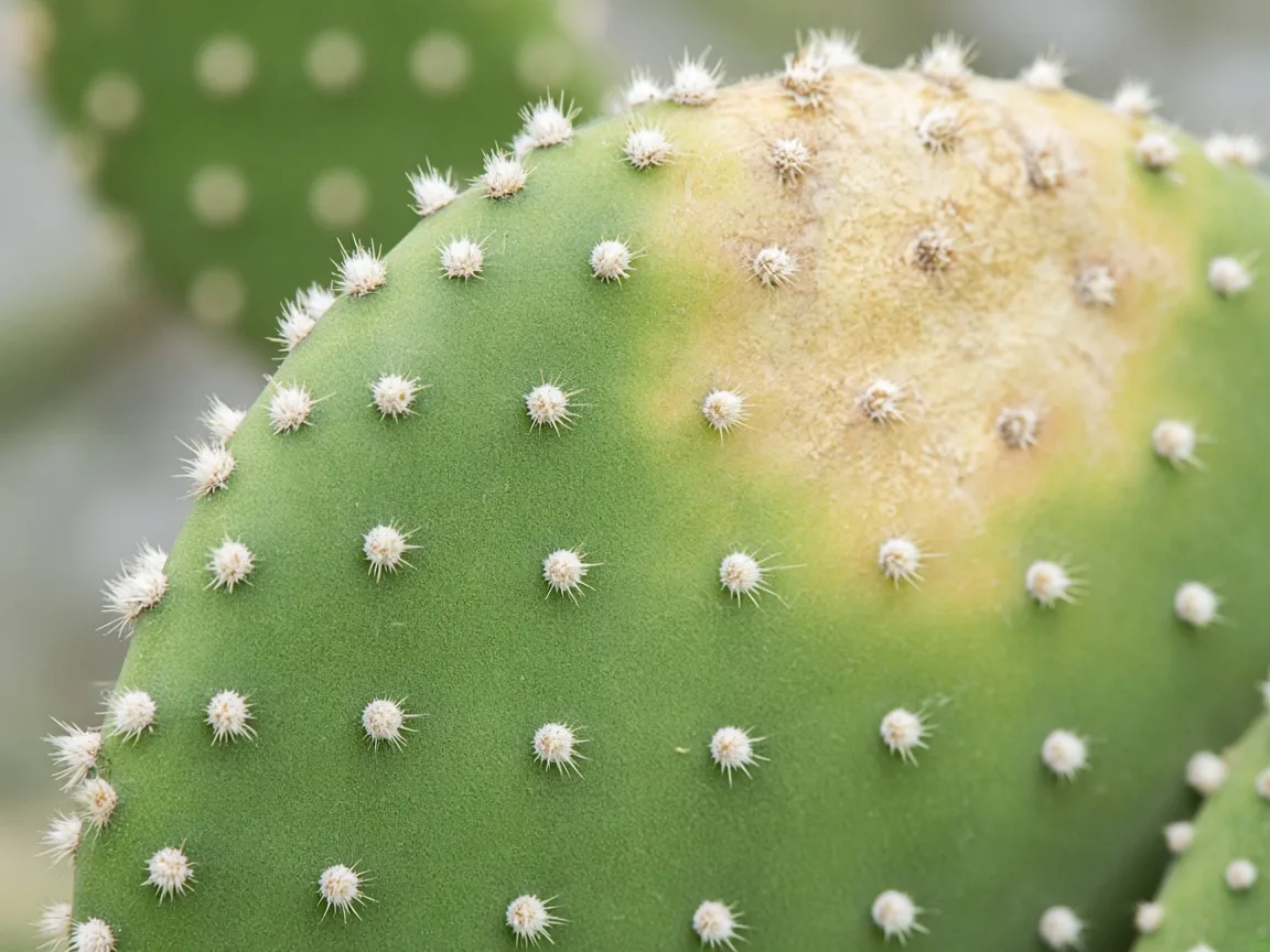 Close-up of sunburn on Bunny Ear Cactus pads - bleached tan patches on the sun-exposed Opuntia microdasys pad surface
