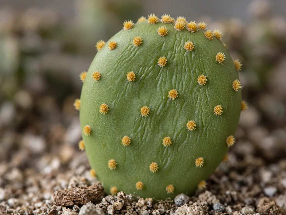 Close-up of slight pad wrinkling and dry gritty mix on underwatered Bunny Ear Cactus