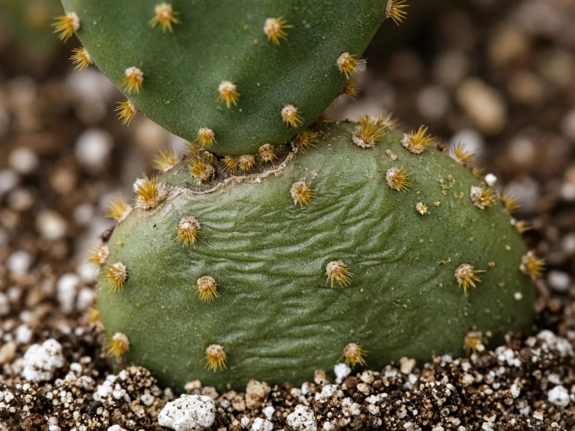 Close-up of deflated limp Opuntia microdasys pad tissue at the joint with visible glochids and slight wrinkling above mineral soil