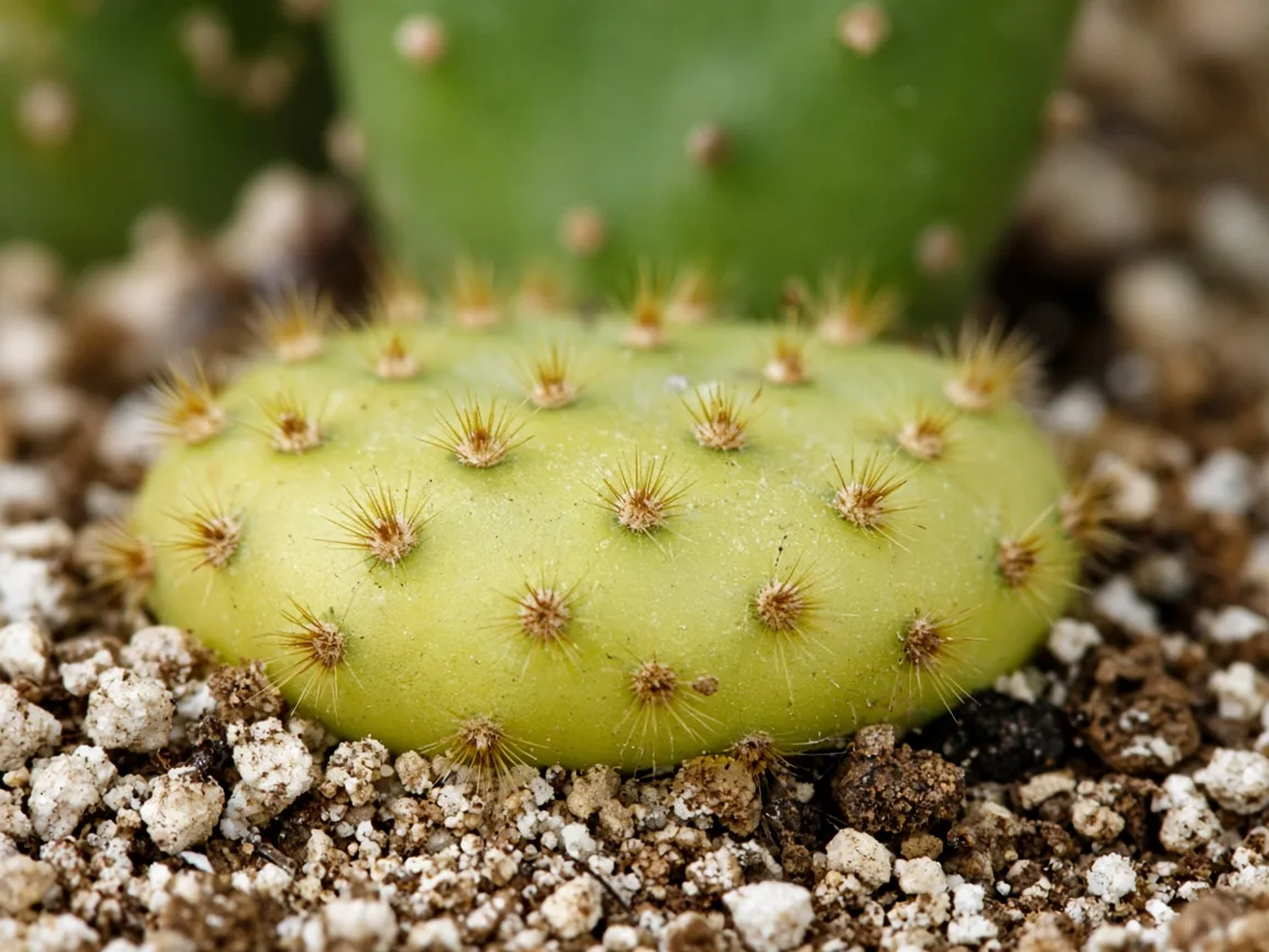 Close-up of yellow translucent lower pads at soil line on Bunny Ear Cactus
