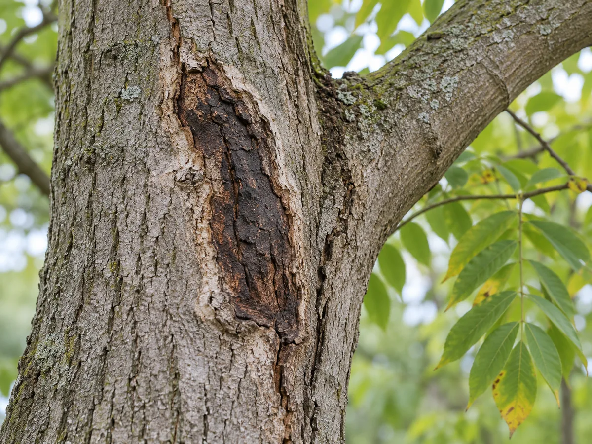 A dark, elongated canker-like lesion on a butternut tree trunk; the appearance needs to be interpreted with the host and other symptoms.