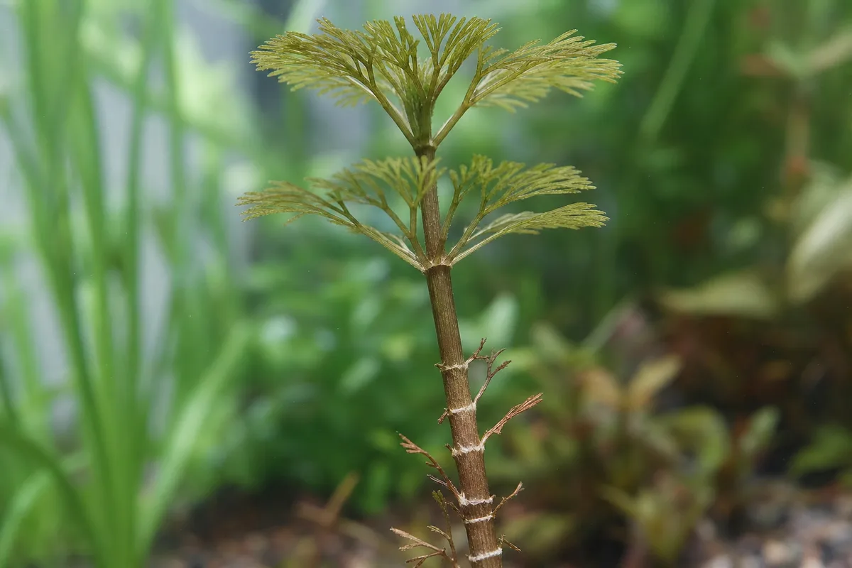 Close-up of insufficient light on Cabomba - bare brown lower stem with sparse pale whorls on elongated internodes