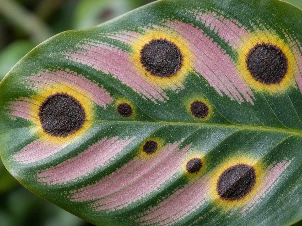 Close-up of black spots on Calathea patterned leaves showing dark lesions with yellow halos