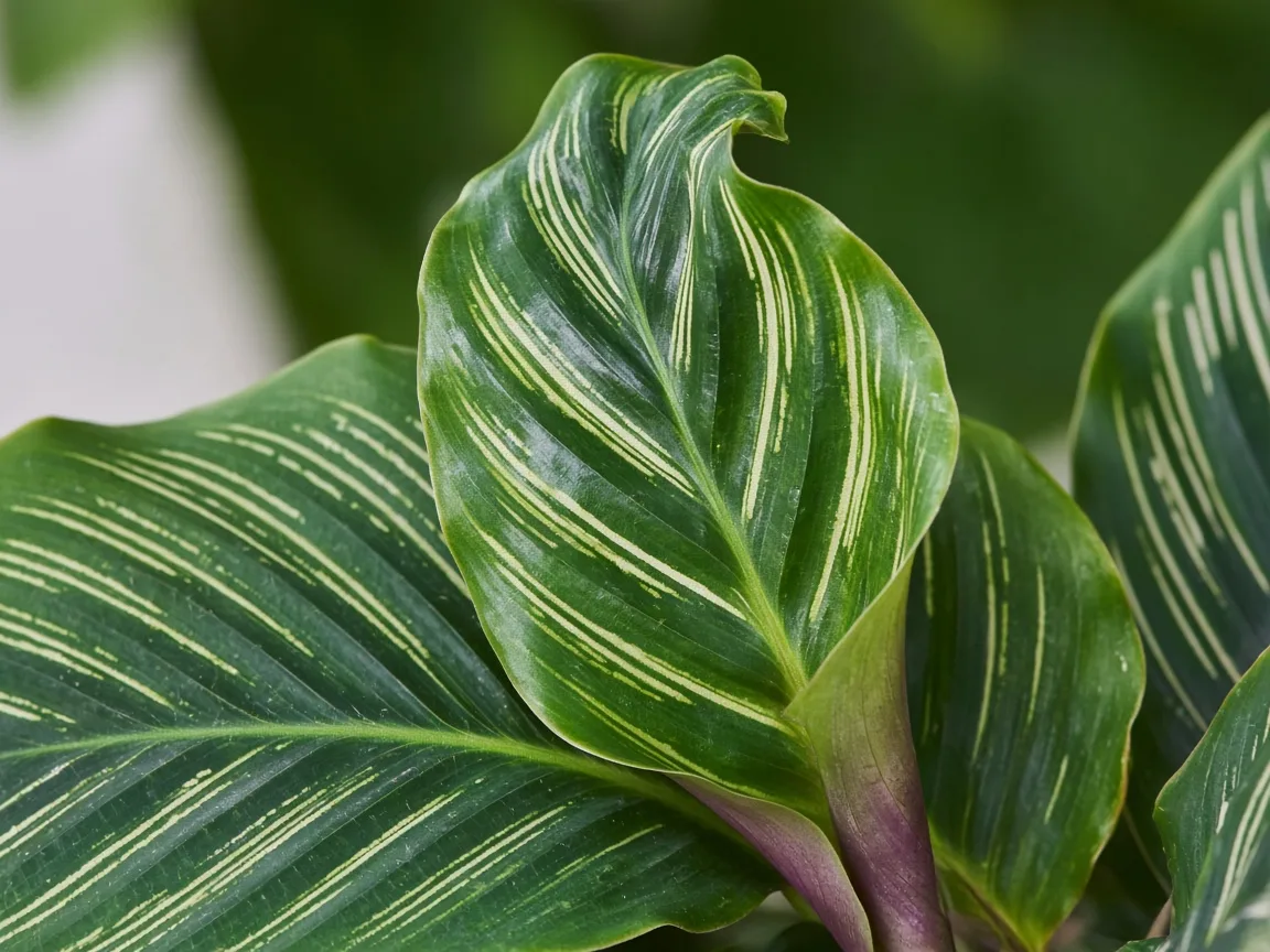 Close-up of distorted leaves on Calathea showing puckered rippled patterned blade at an unfurling center spike