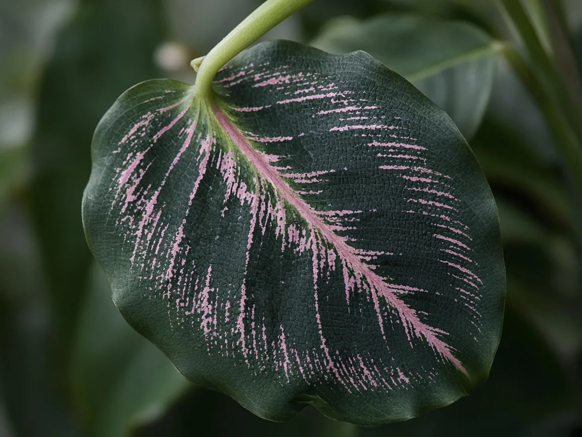 Close-up of drooping leaves on Calathea Dottie - limp petiole and hanging dark leaf with faded pink central vein
