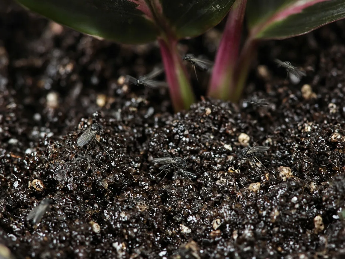 Close-up of fungus gnats on damp potting mix at the base of Calathea Dottie stems