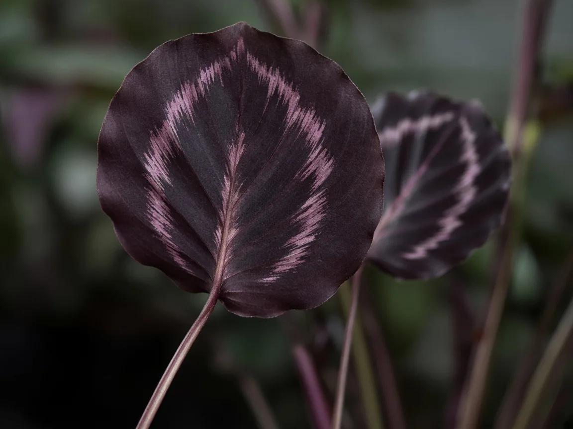 Close-up of leggy growth on Calathea Dottie - elongated petiole and washed-out pink vein on a dark leaf