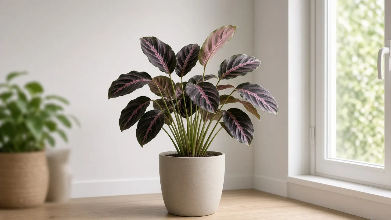 Leggy growth on Calathea Dottie - long thin petioles with faded pink veins reaching toward window light