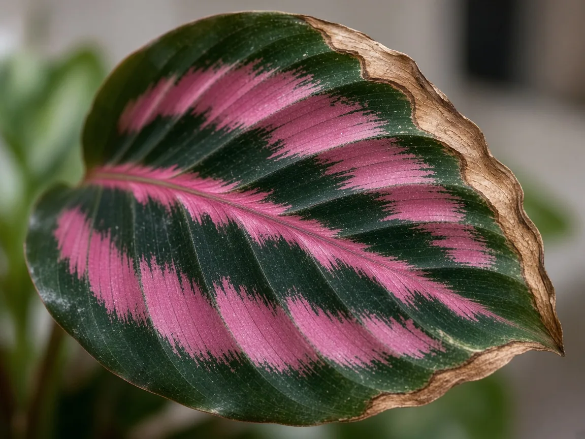 Close-up of low humidity on Calathea Dottie leaves