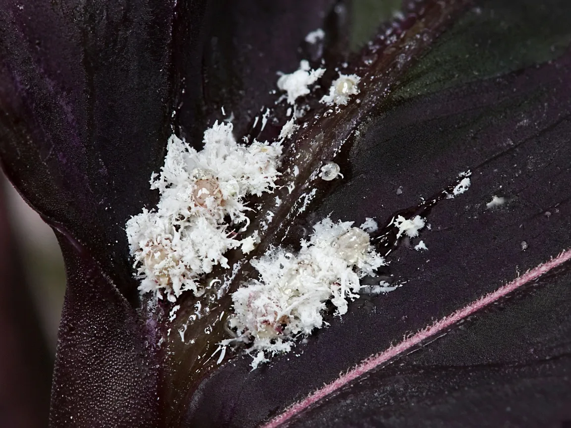Close-up of mealybugs on Calathea Dottie - cottony wax in a leaf axil on dark rose-painted foliage