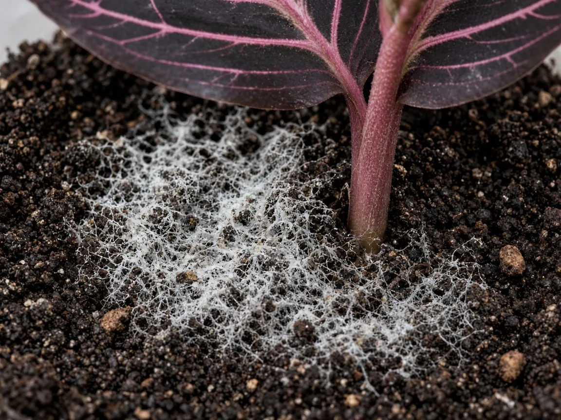 Close-up of mold on soil on Calathea Dottie — white fuzzy mycelium on damp peat-based mix at the prayer plant stem base