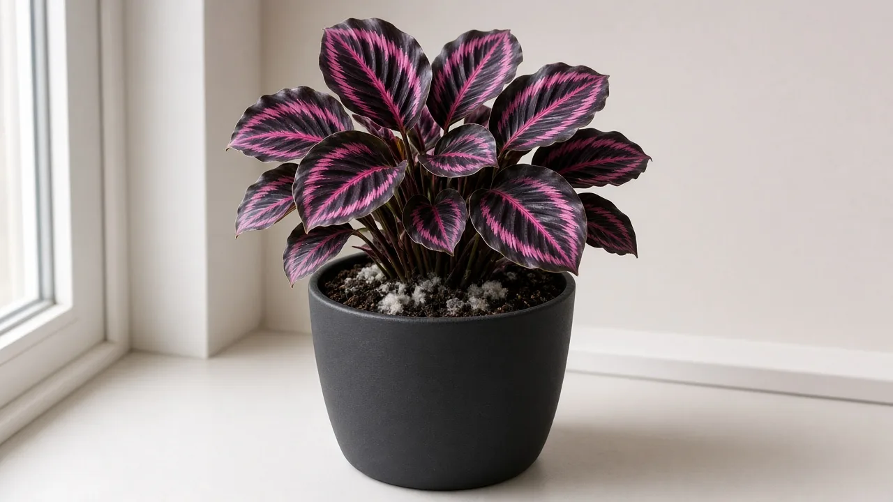 Mold on soil on Calathea Dottie — white fuzzy growth on moist peat-based mix at the base of a rose-painted prayer plant in a container