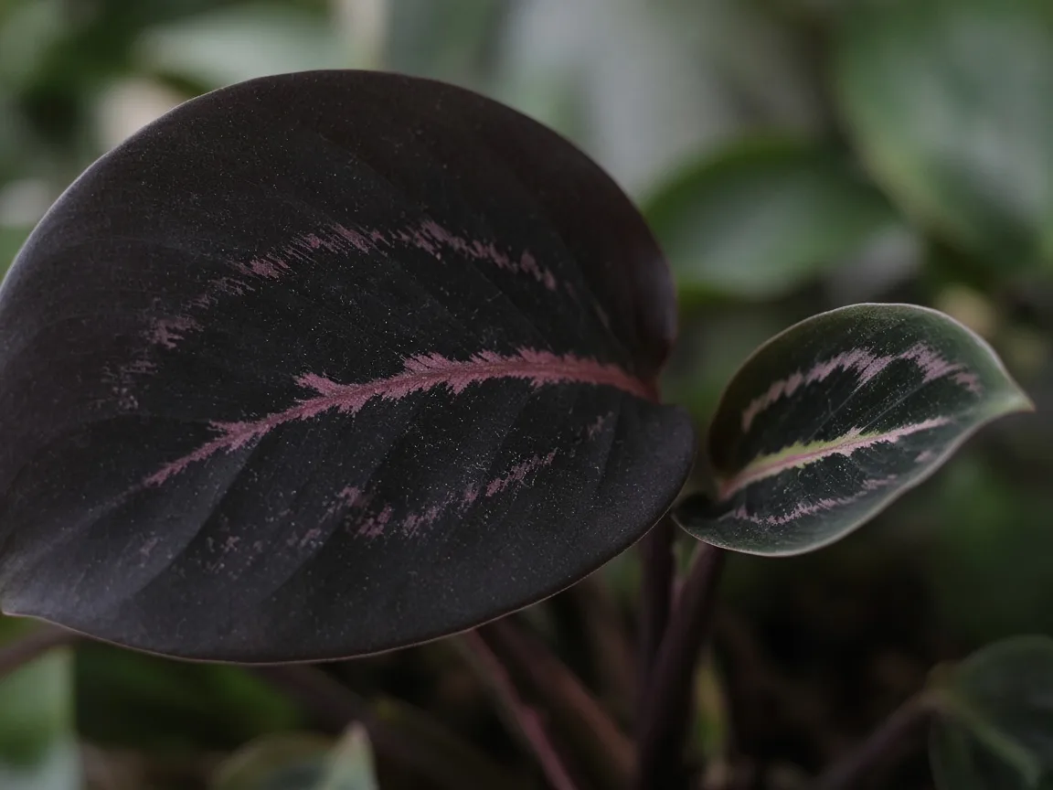Close-up of Calathea Dottie leaf with faded pink midrib and weak feathering on dark green-black blade