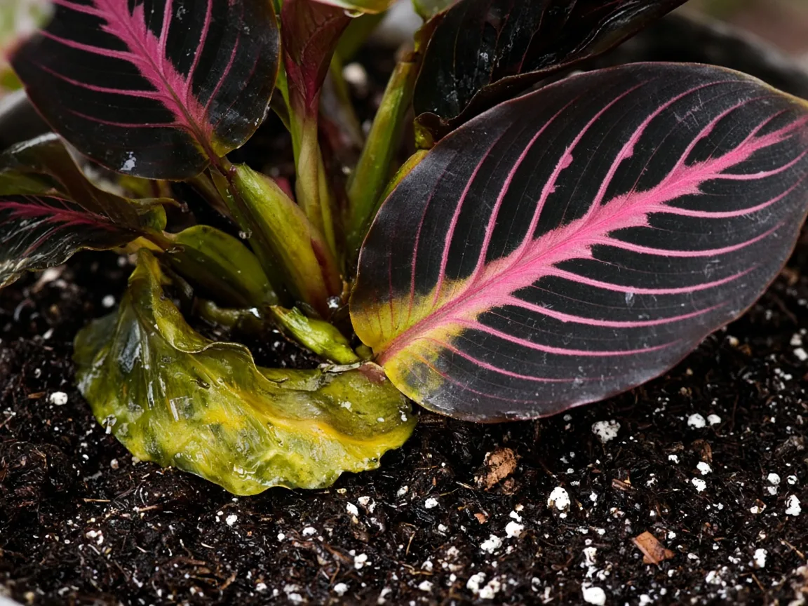 Close-up of soft yellow lower Calathea Dottie leaf and damp peat mix at the soil line