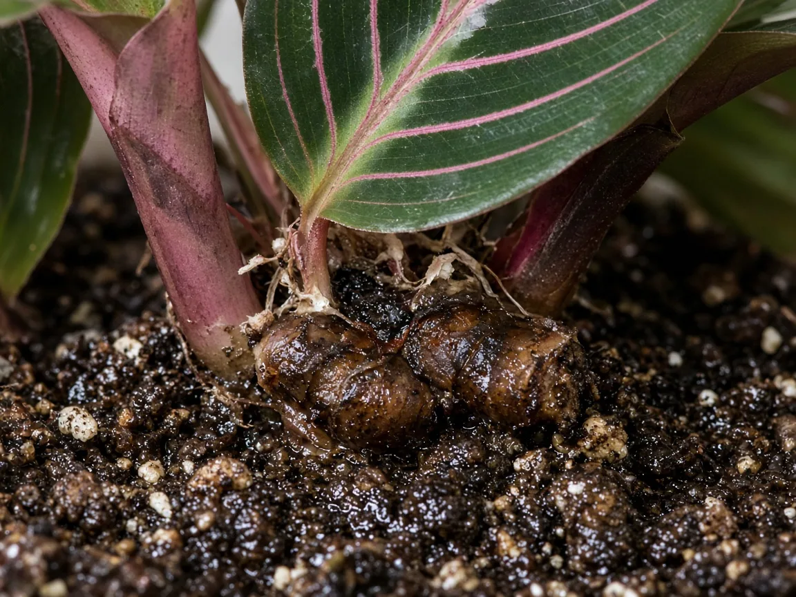 Close-up of brown mushy rhizome tissue and darkened stem base on Calathea Dottie