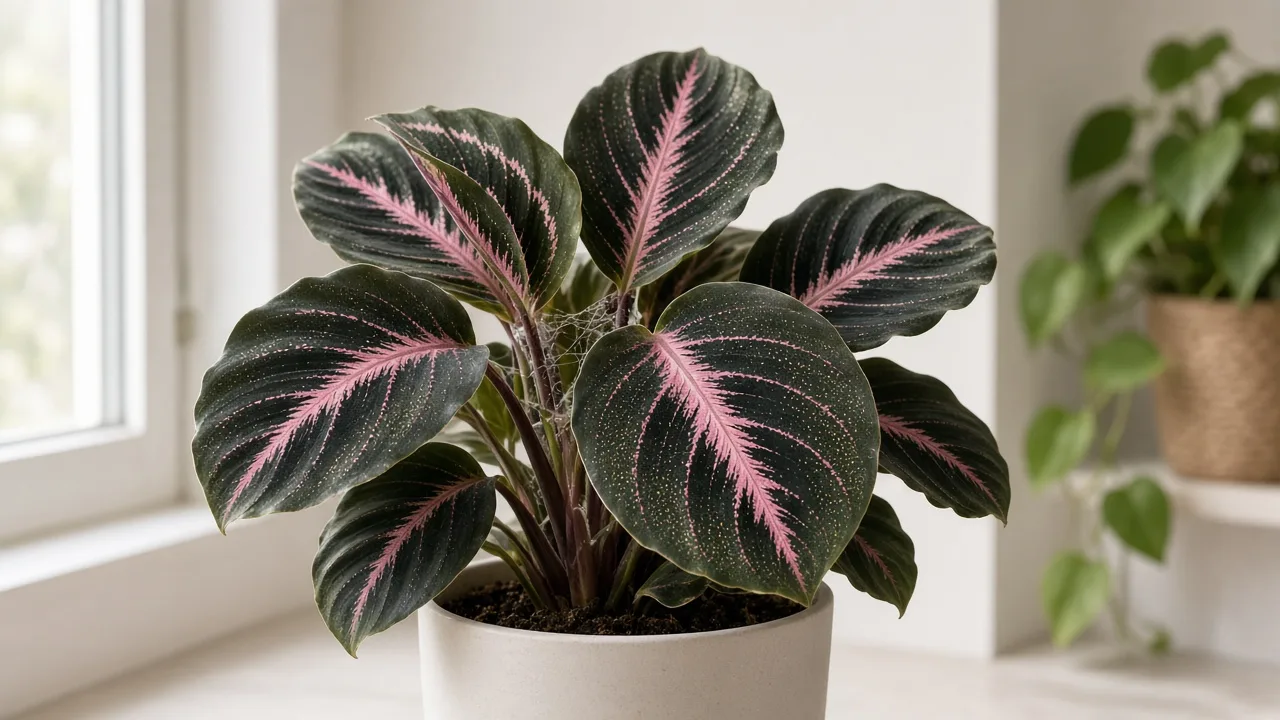 Spider mites on Calathea Dottie - stippled dark prayer plant leaves with fine webbing near pink midribs