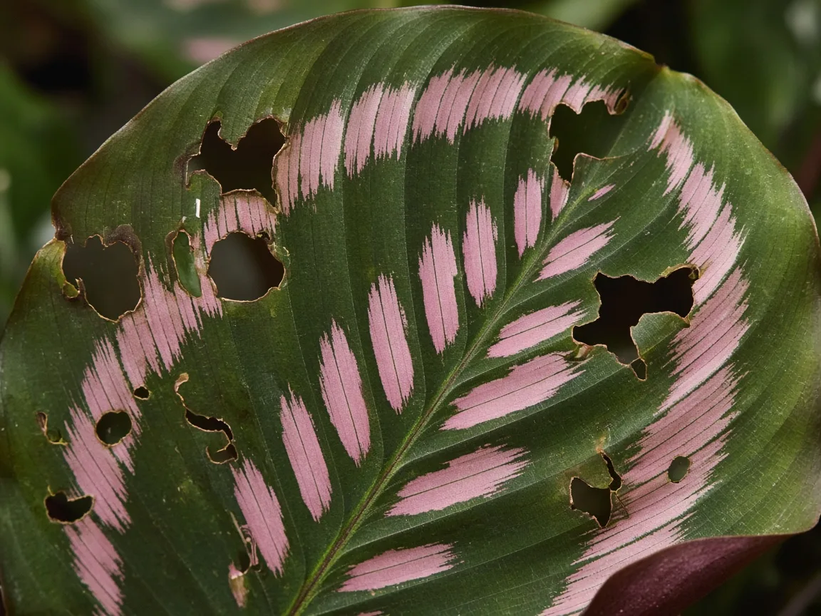 Close-up of holes in leaves on Calathea - irregular chew marks on patterned prayer plant leaf with torn margins