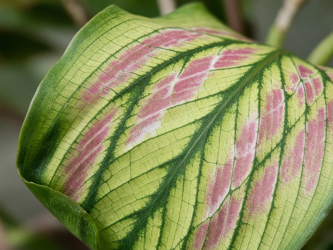 Close-up of iron deficiency on Calathea - yellow tissue between dark green veins on a new rolled prayer leaf