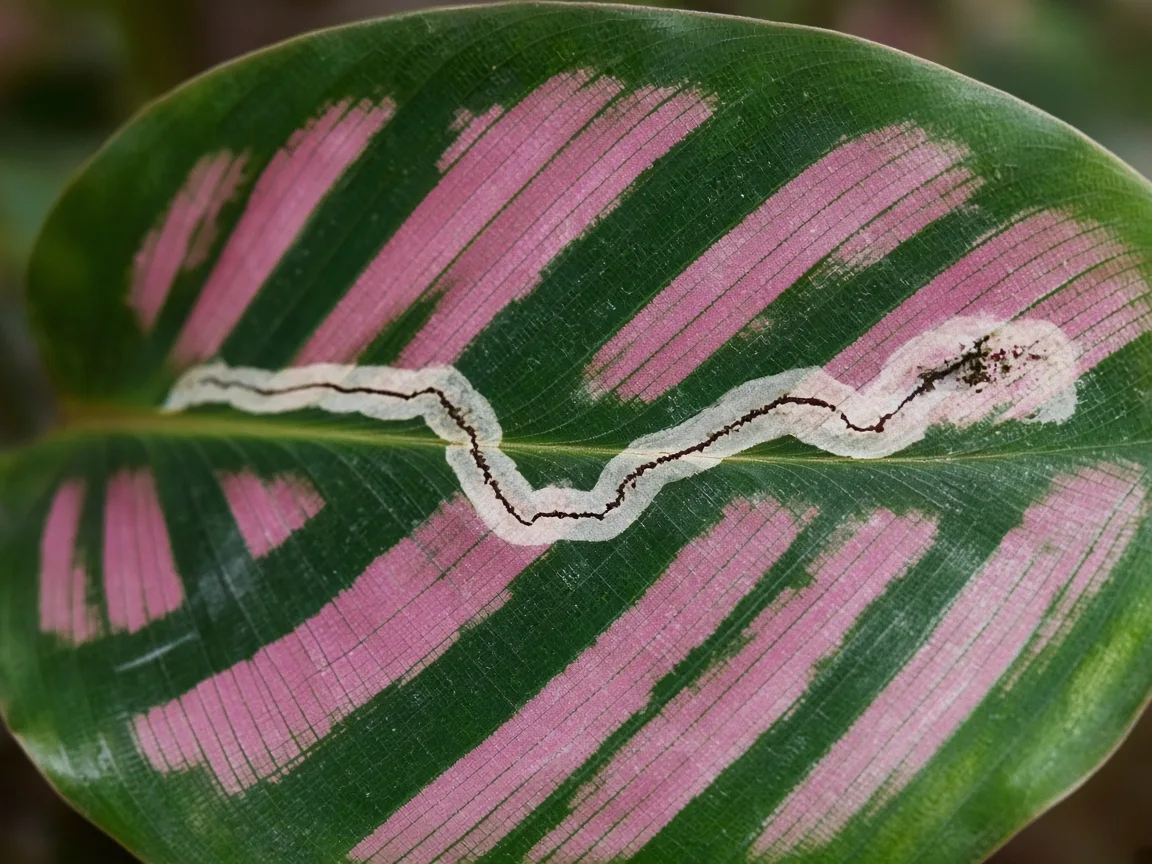 Close-up of leaf miner tunnels on Calathea - pale serpentine mine visible when backlit through patterned prayer plant leaf
