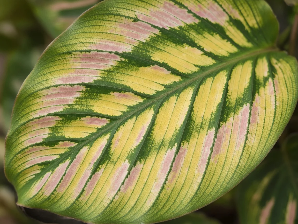 Close-up of magnesium deficiency on Calathea - yellow tissue between dark green veins on a patterned leaf