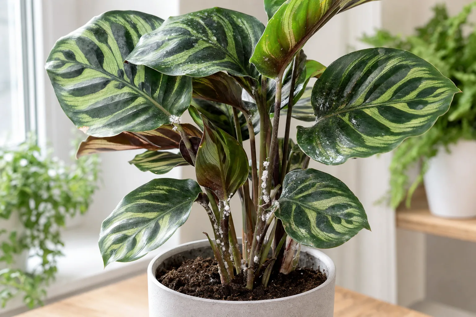 Mealybugs on Calathea - white cottony wax clusters in leaf axils at the prayer plant crown