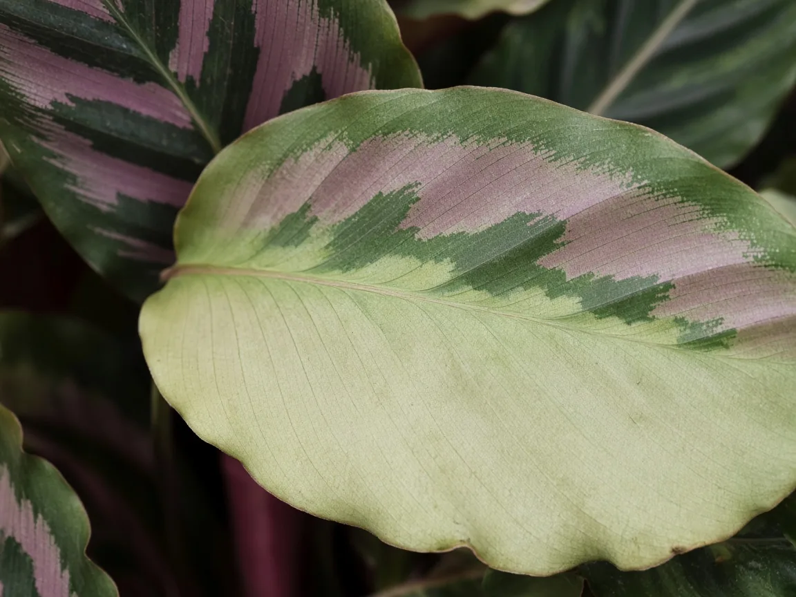 Close-up of nitrogen deficiency on Calathea - faded stripe patterns on lower patterned leaf