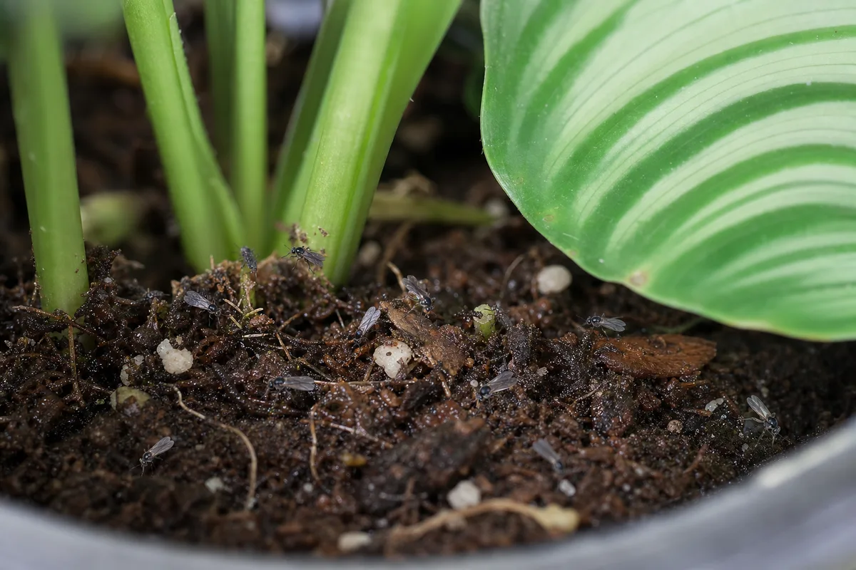 Close-up of Fungus Gnats on Calathea Orbifolia - diagnostic detail