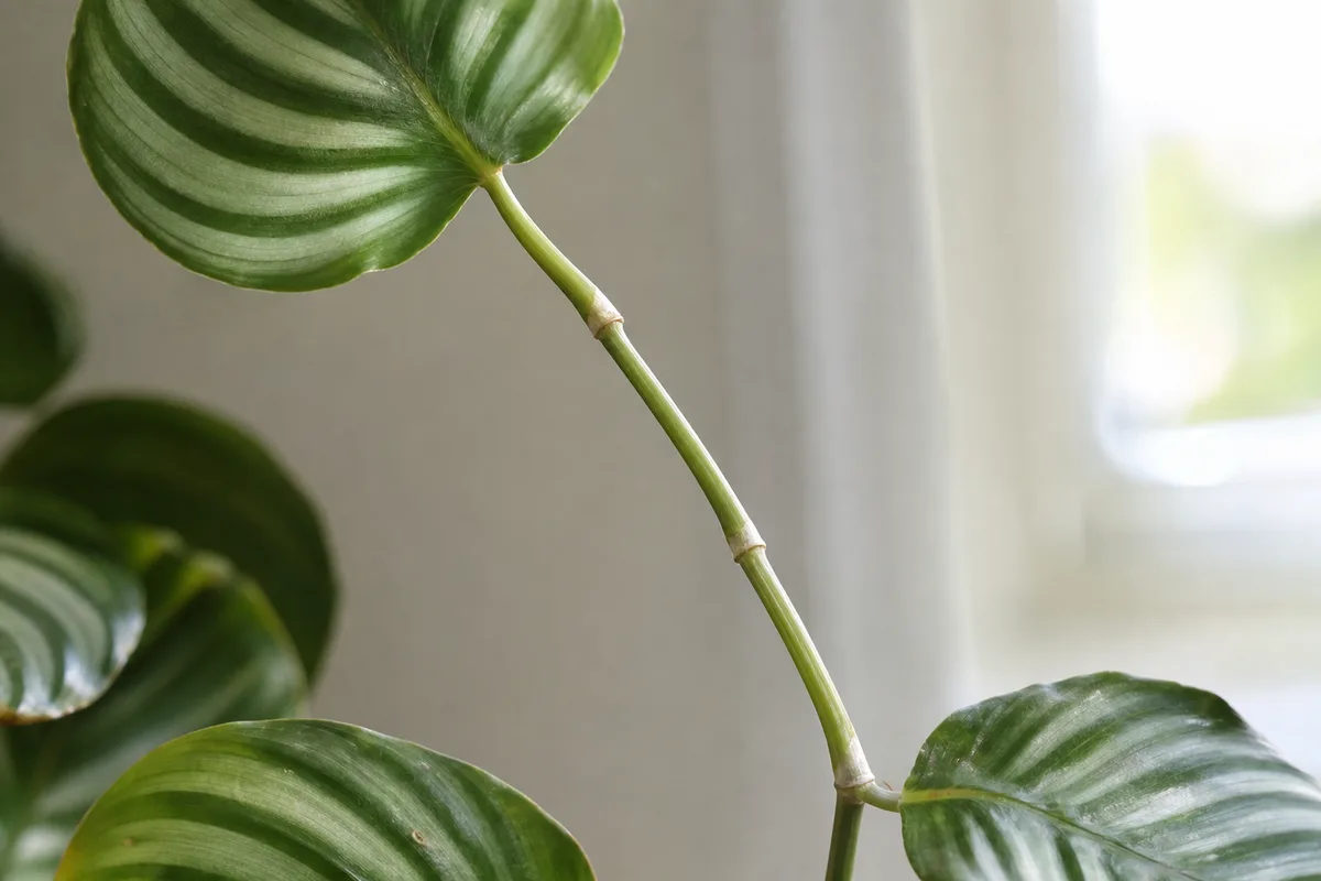 Close-up of Leggy Growth on Calathea Orbifolia - diagnostic detail