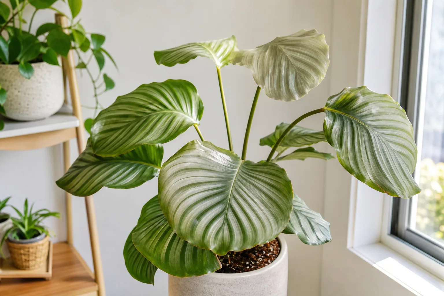 Not enough light on Calathea Orbifolia - faded silver banding on new leaves and long thin petioles