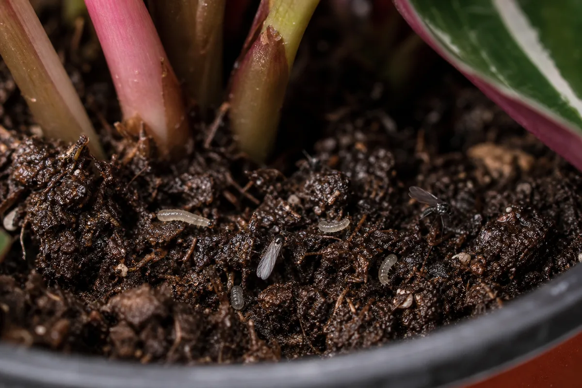 Close-up of fungus gnats on Calathea Roseopicta - black flies on moist soil surface under the rosette