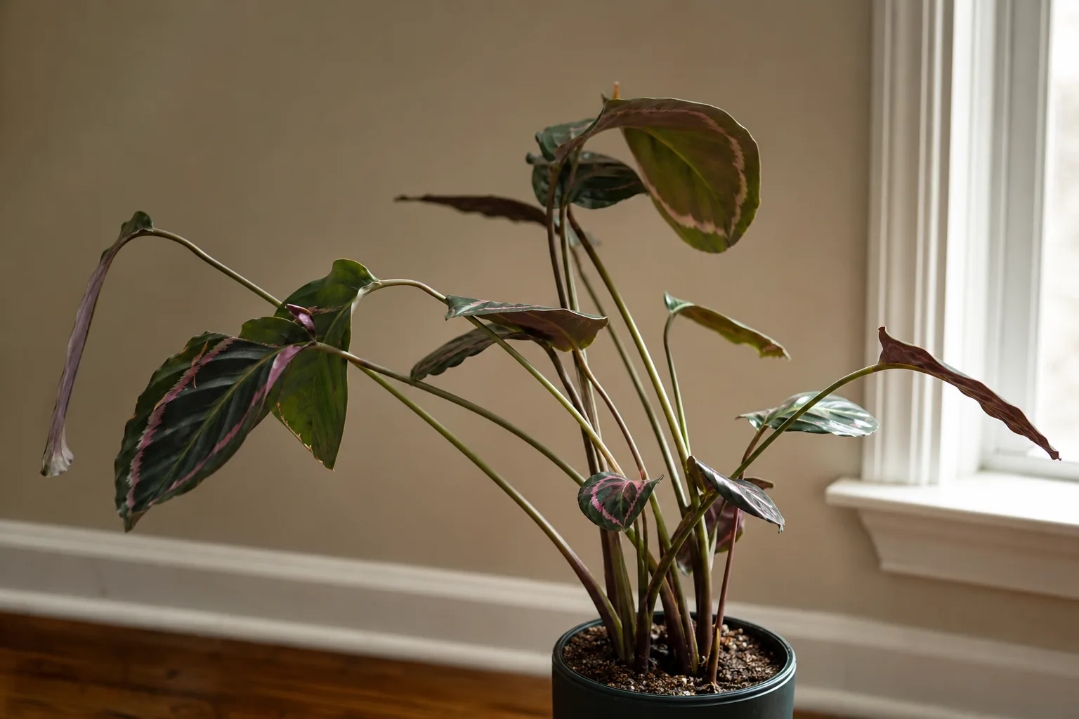 Leggy growth on Calathea Roseopicta - long thin petioles with faded painted bands reaching for light