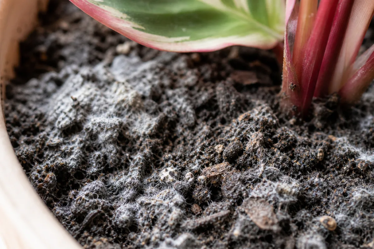 Close-up of mold on soil on Calathea Roseopicta - fine white-gray fuzz on damp mix