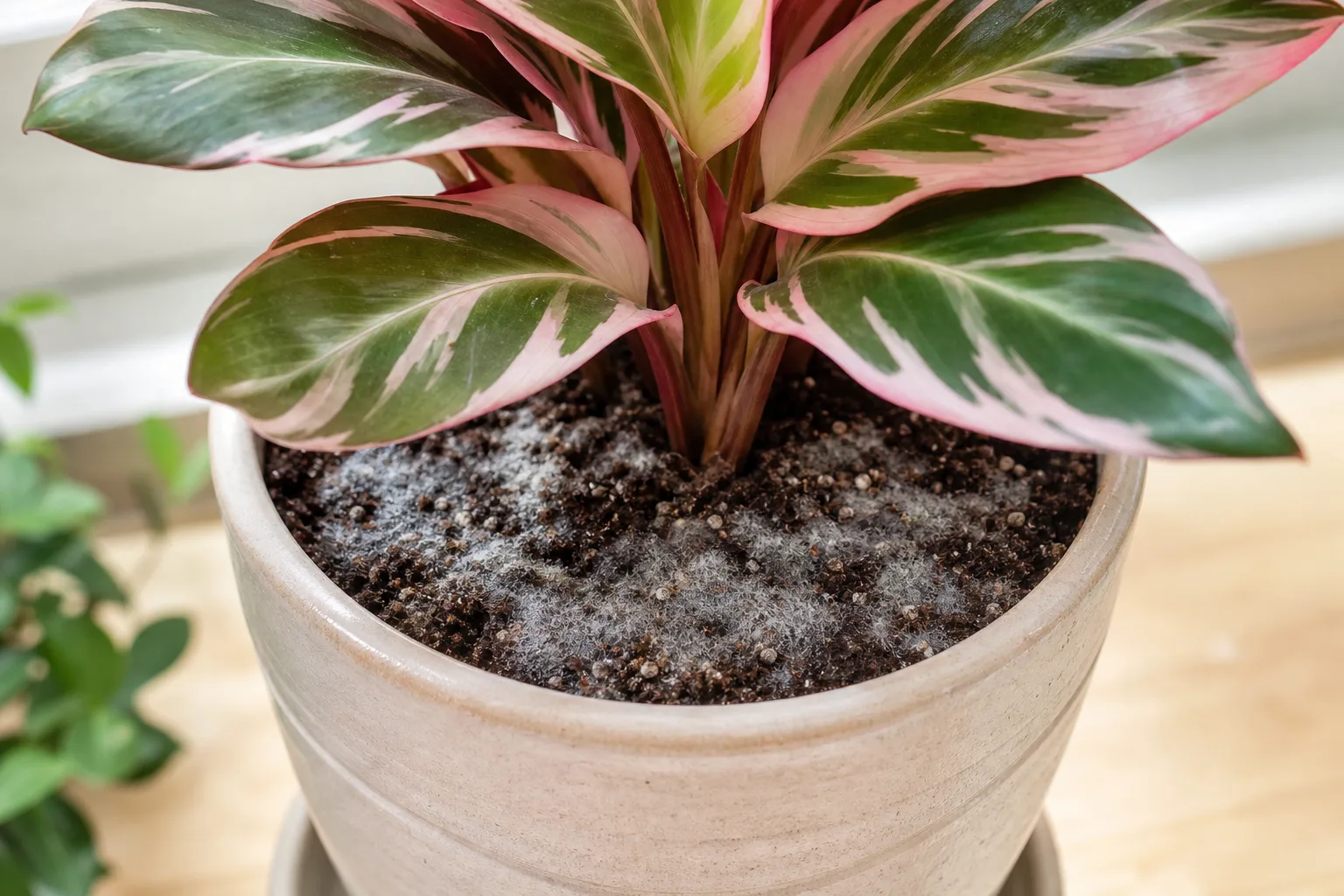 Mold on soil on Calathea Roseopicta - white fuzzy growth across the damp potting mix surface