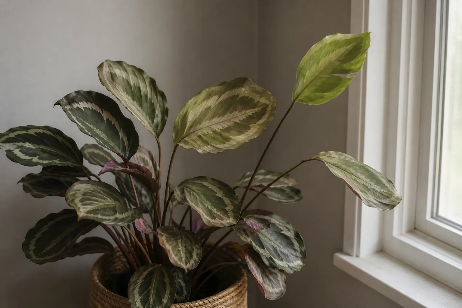 Not enough light on Calathea Roseopicta - washed-out muddy pink bands and pale new leaves