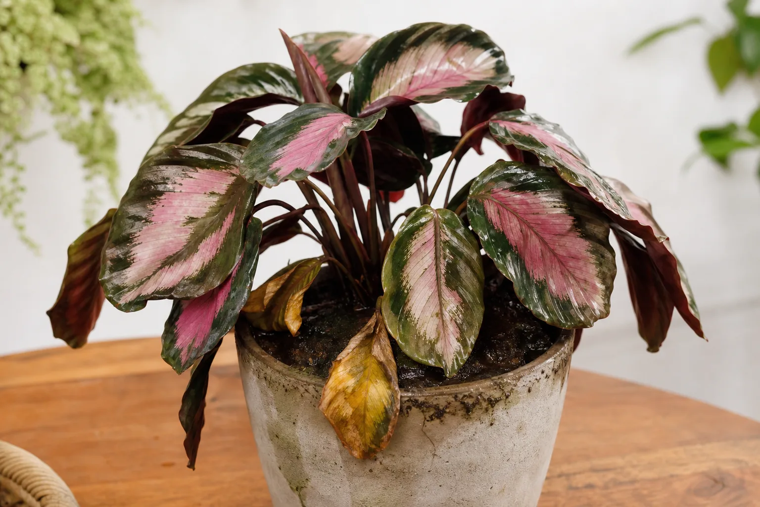 Overwatering on Calathea Roseopicta - limp painted leaves and yellowing lower foliage on wet soil