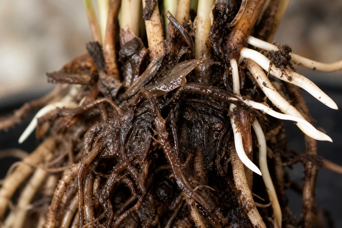 Close-up of root rot on Calathea Roseopicta - black splotches on painted leaf bands and limp yellow lower foliage