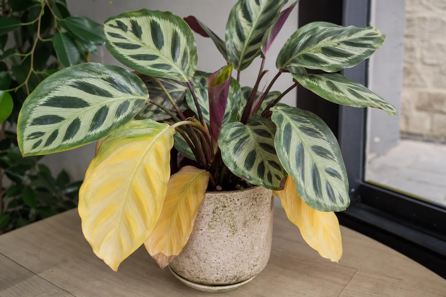 Yellow leaves on Calathea Roseopicta - soft yellow lower leaves on painted foliage