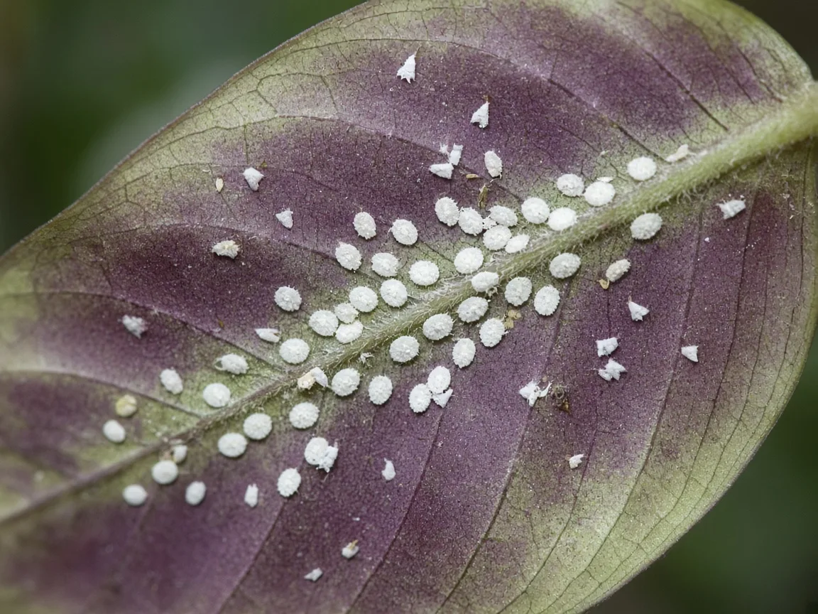 Close-up of whiteflies on Calathea - flat pale nymph disks and tiny white adults on a patterned leaf underside