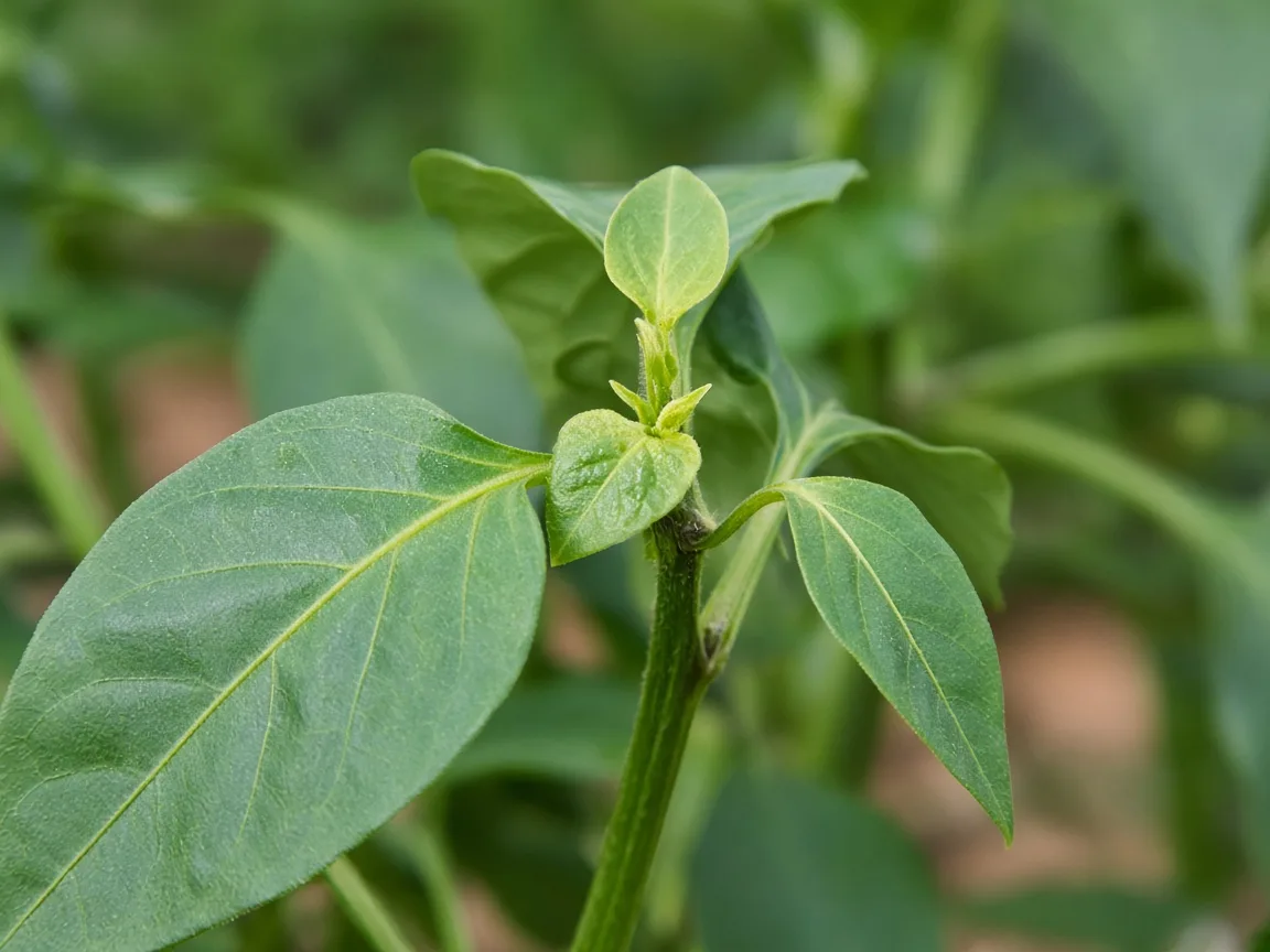 Close-up of Capsicum stem with very short internodes and a small stalled tip leaf