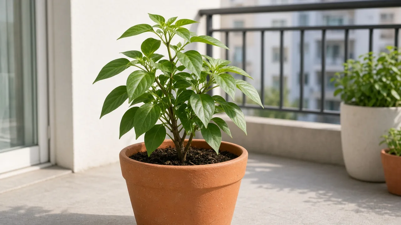 Slow growth on Capsicum — container sweet bell pepper with small tip leaves and no new flowers