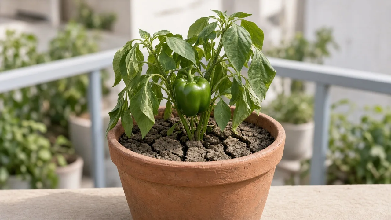 Underwatering on Capsicum - wilted sweet bell pepper with dry potting mix