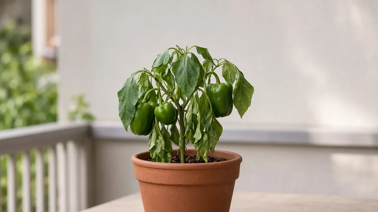 Wilting on capsicum - limp sweet bell pepper plant in a container